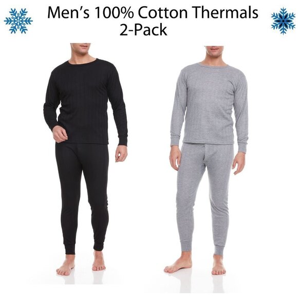Thermals Men 100% Cotton Fleece Long Johns Warm Winter Baselayer Set 2 PAIRS NWT - Picture 1 of 9